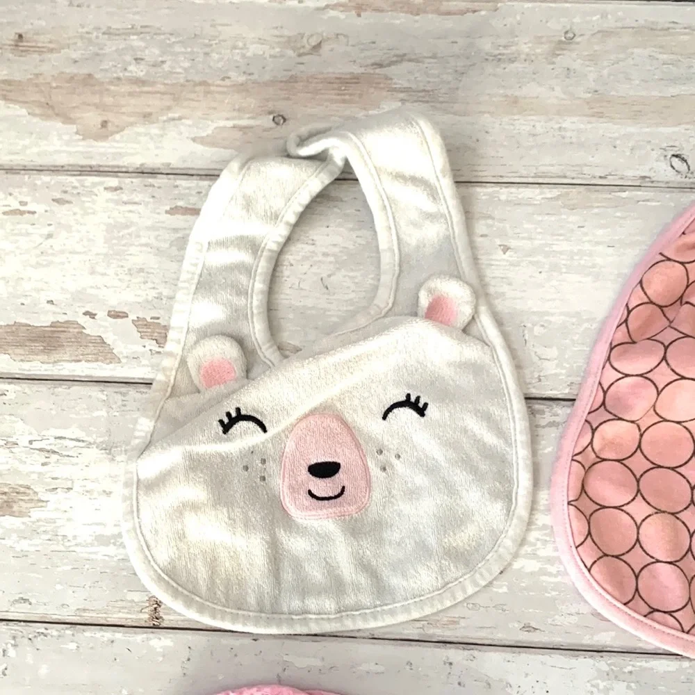 Baby Girl OS Drool Bibs Bundle Set of 4 Assorted Brands Pink White & Animals